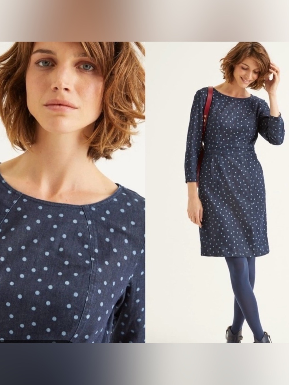 Boden denim blue dot Coraline midi jean classic women’s dress 10 long uk 14